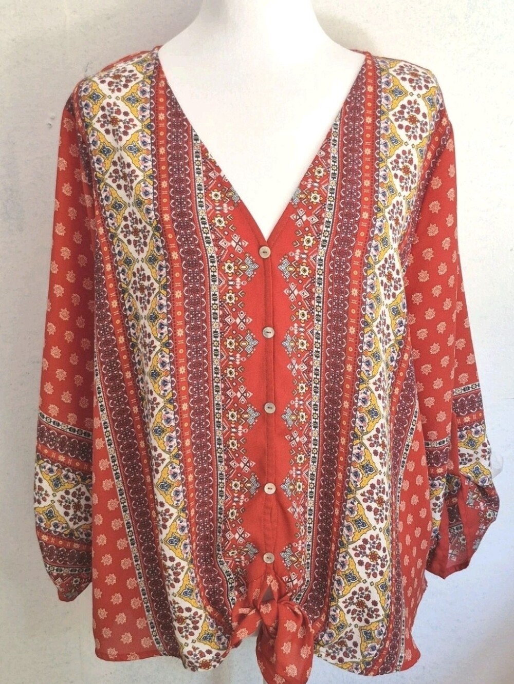 WEST KEI TALINA Red Boho Tie-front Women's Blouse Top Size L